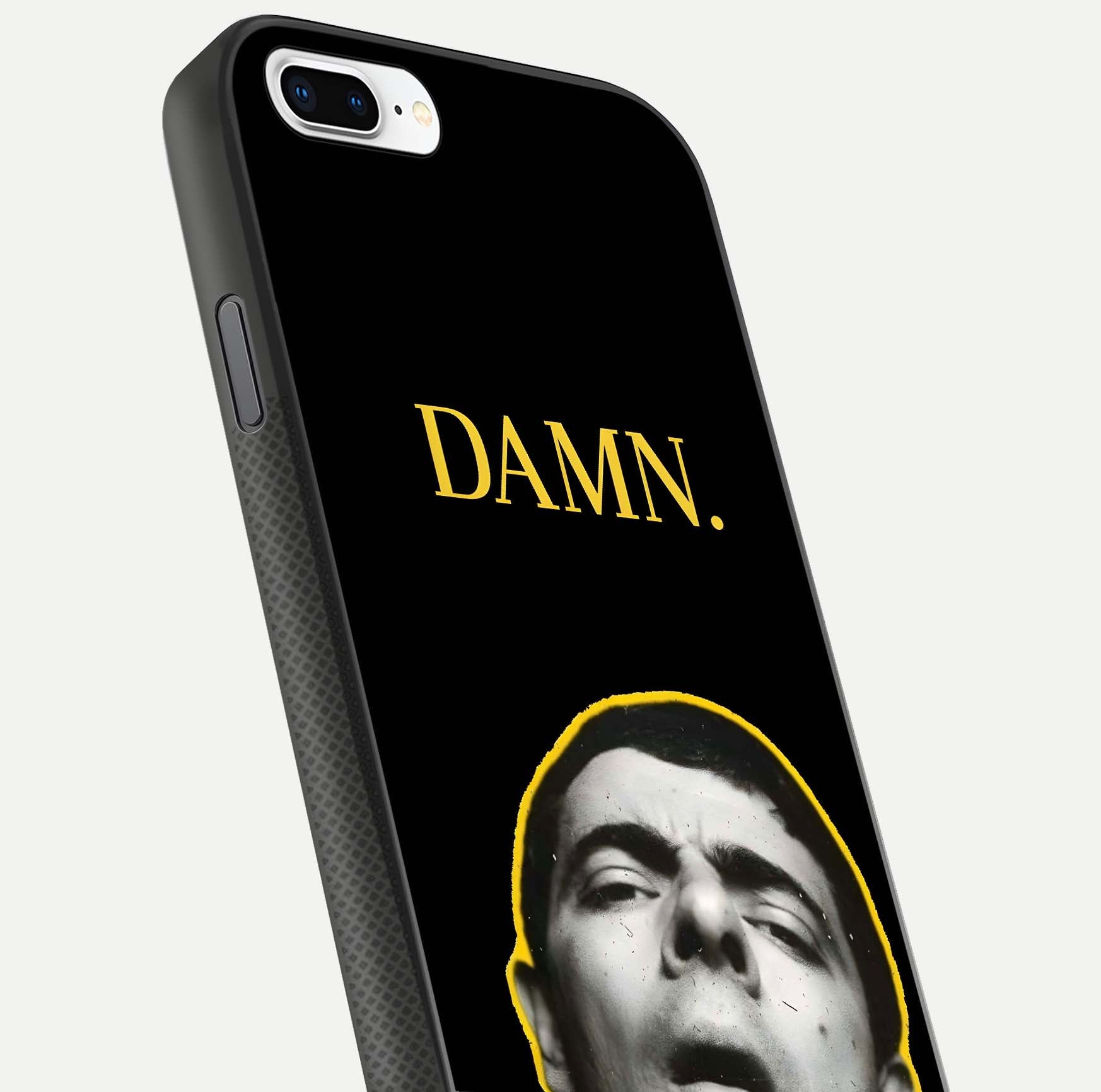 Mr Bean Damn Glass Case for iPhone 8 Plus close-up angled shot highlighting comic expression and shine detail