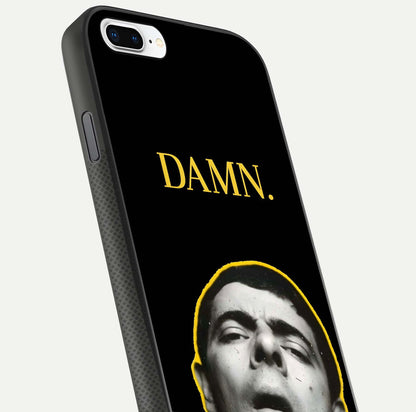 Mr Bean Damn Glass Case for iPhone 8 Plus close-up angled shot highlighting comic expression and shine detail