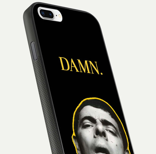Mr Bean Damn Glass Case for iPhone 8 Plus close-up angled shot highlighting comic expression and shine detail
