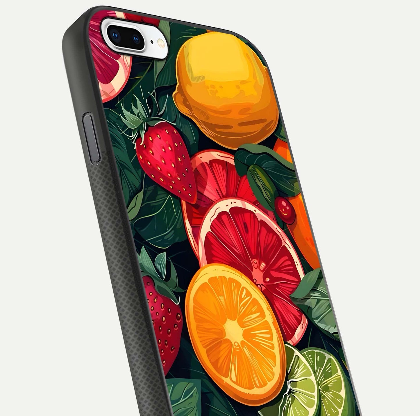 Multiple Fruits Glass Case for iPhone 8 Plus close-up angled shot showing fruit texture and HD gloss shine