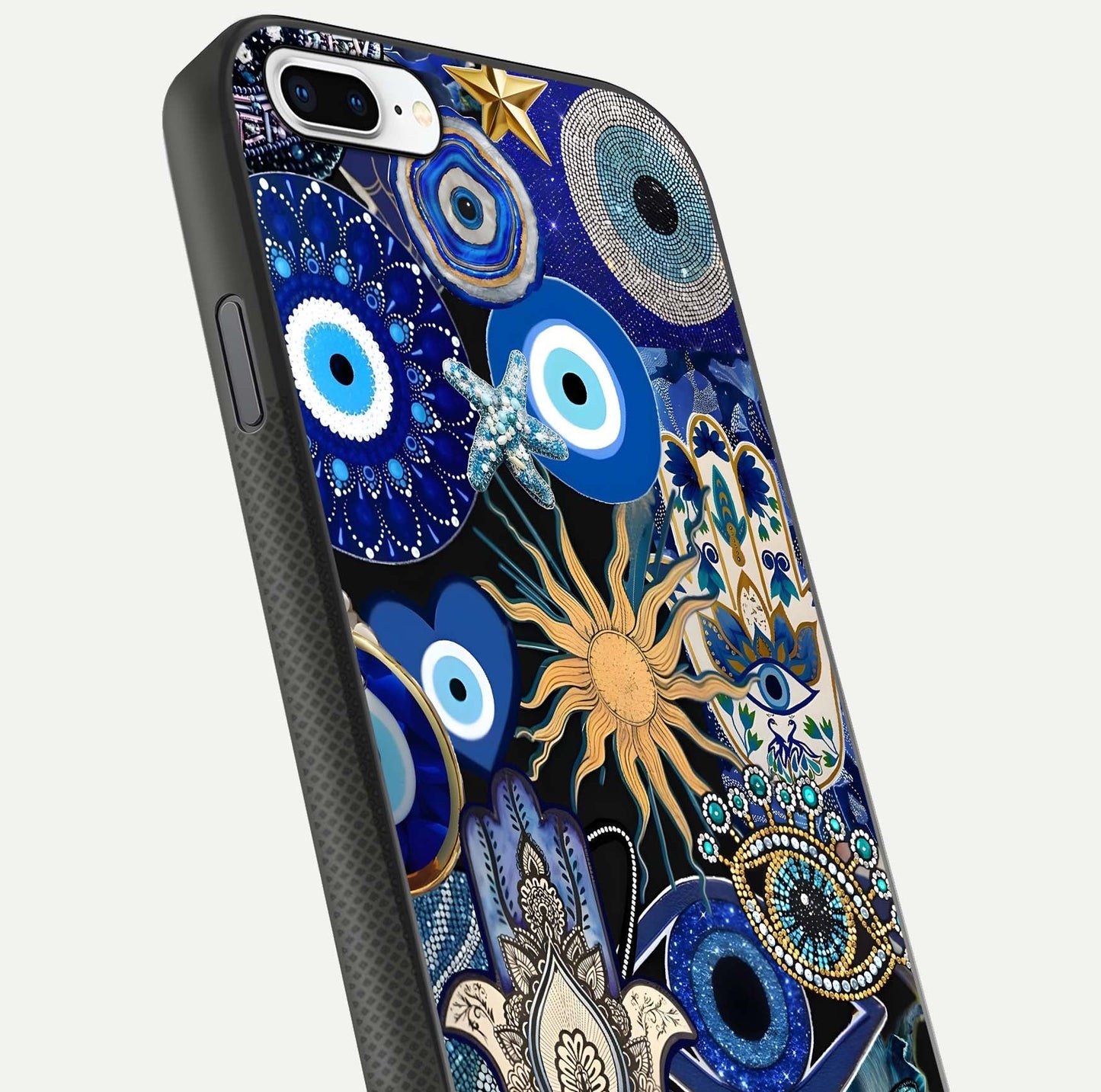 Mystic Blue Evil Eye Glass Case for iPhone 8 Plus close-up angled shot highlighting mystical glow and HD reflection