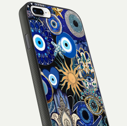 Mystic Blue Evil Eye Glass Case for iPhone 8 Plus close-up angled shot highlighting mystical glow and HD reflection