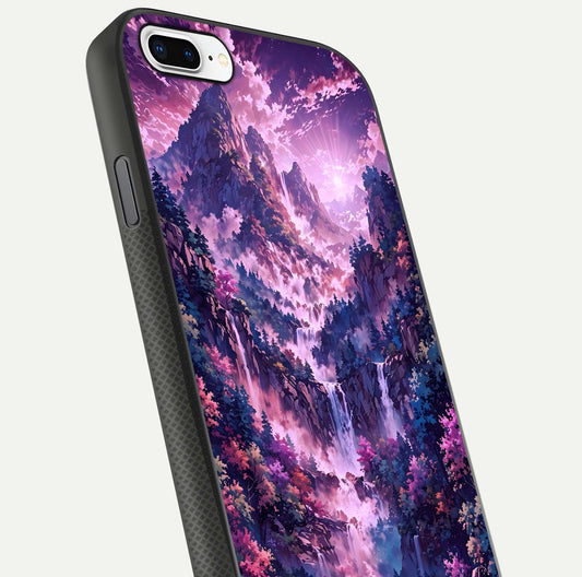 Mystic Cascade Peaks Glass Case for iPhone 8 Plus close-up angled shot showing peak reflections and color gradient