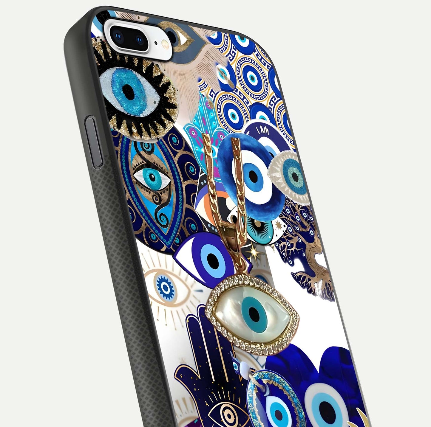 Mystic Charm Eye Glass Case for iPhone 8 Plus close-up angled shot showing detailed eye art and reflection
