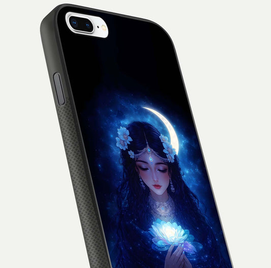 Mystic Moon Queen Glass Case for iPhone 8 Plus close-up angled shot showing shine and lunar tones