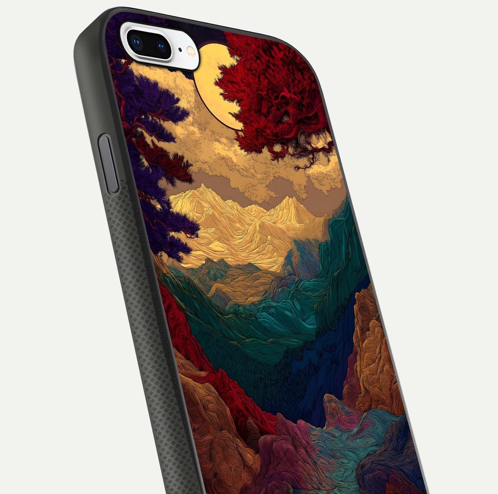 Mystic Valley Light Glass Case for iPhone 8 Plus close-up angled shot highlighting gradient sky and reflection