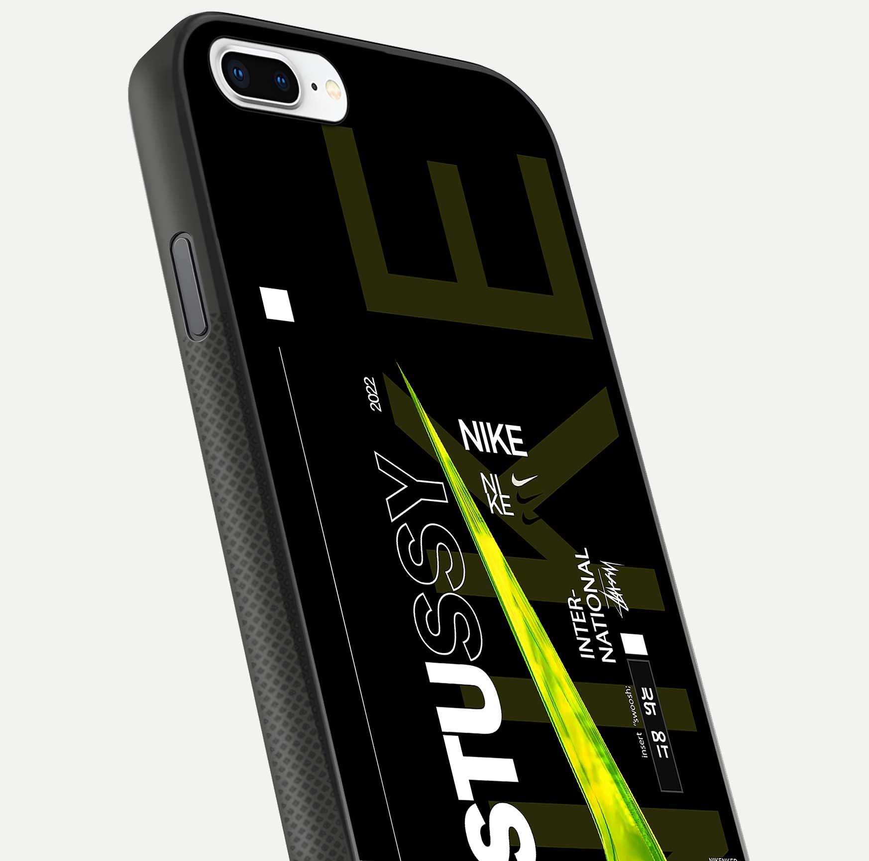 Neon Street Edition Glass Case for iPhone 8 Plus close-up angled shot showing urban neon lights and shine