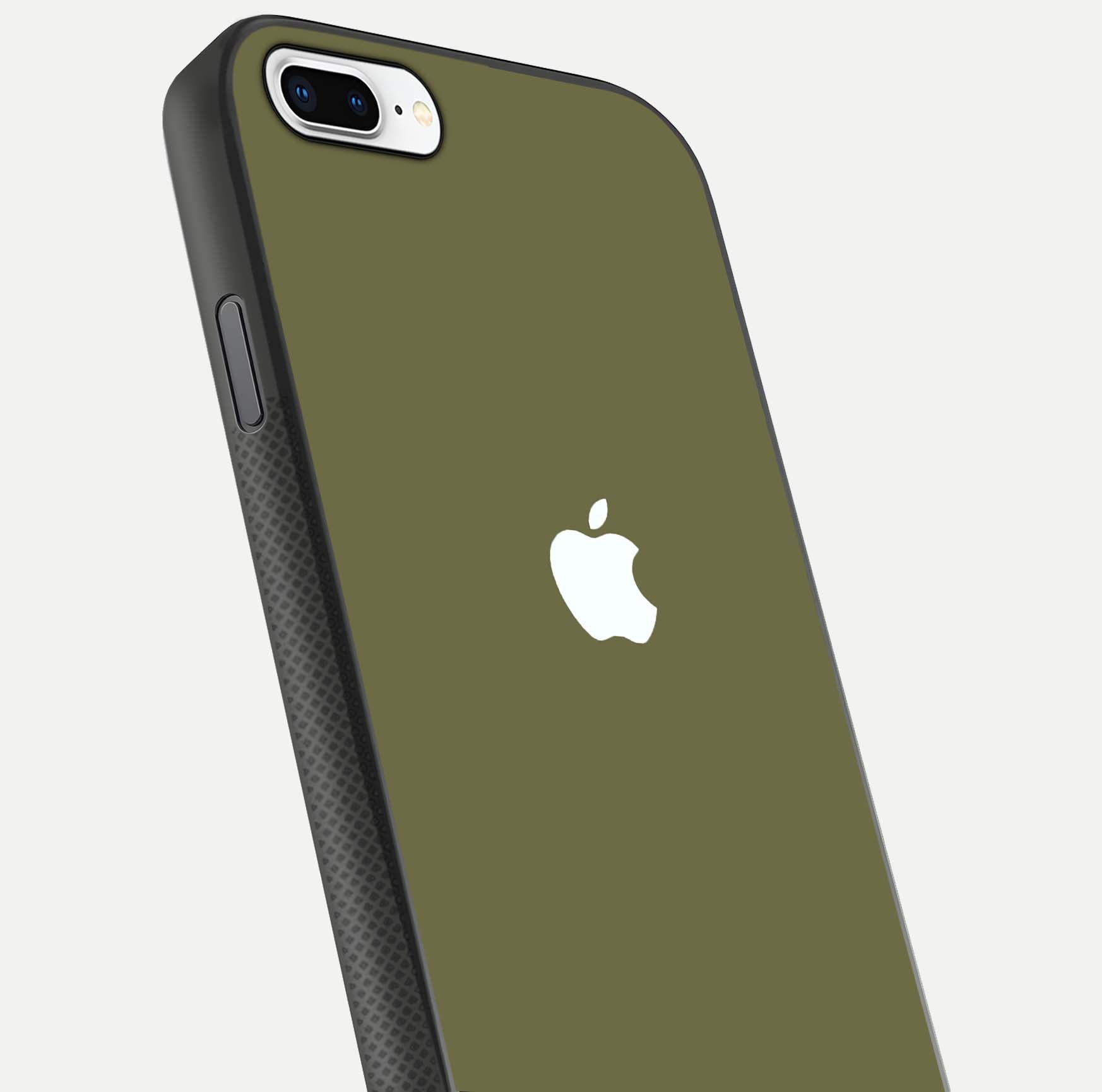 Olive Matte Essence Glass Case for iPhone 8 Plus close-up angled shot showing soft reflection and minimal finish