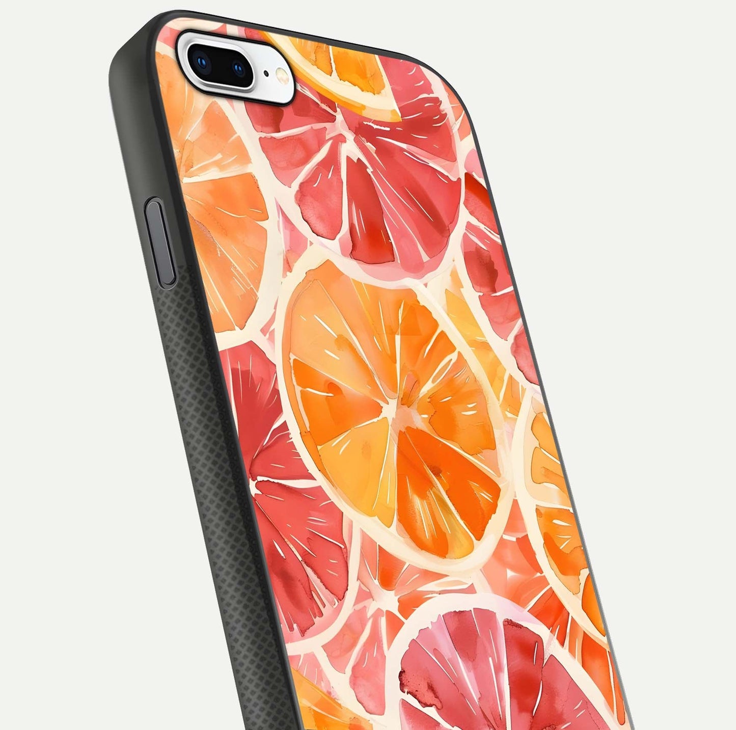 Orange Fruits Pattern Glass Case for iPhone 8 Plus close-up angled shot showing juicy fruit texture and reflection
