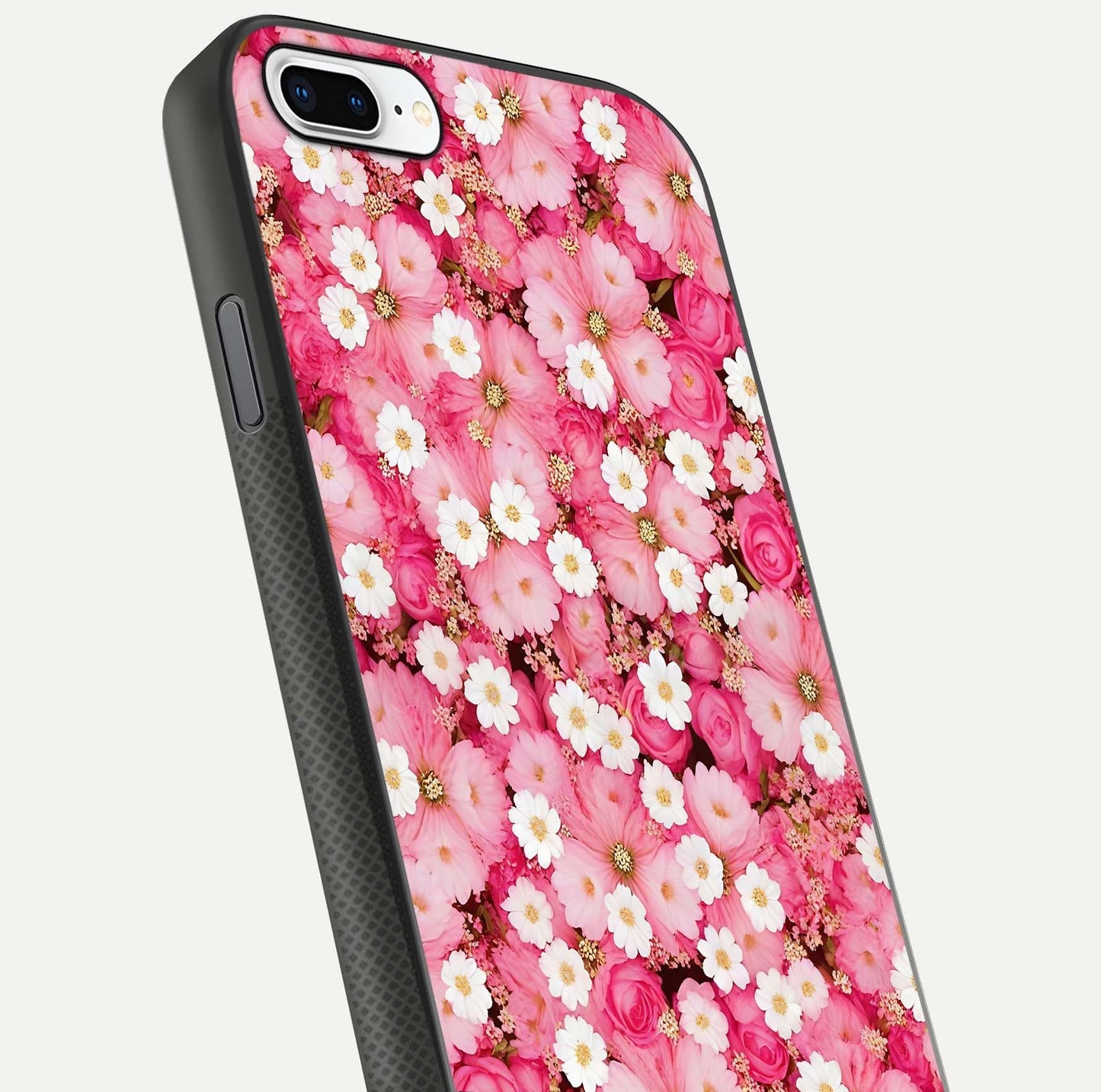 Pink Daisy Bliss Glass Case for iPhone 8 Plus close-up angled shot highlighting daisy detail and reflection glow