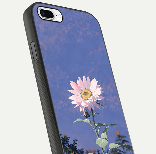 Pink Sunflower Glow Glass Case for iPhone 8 Plus close-up angled shot highlighting petal texture and reflection