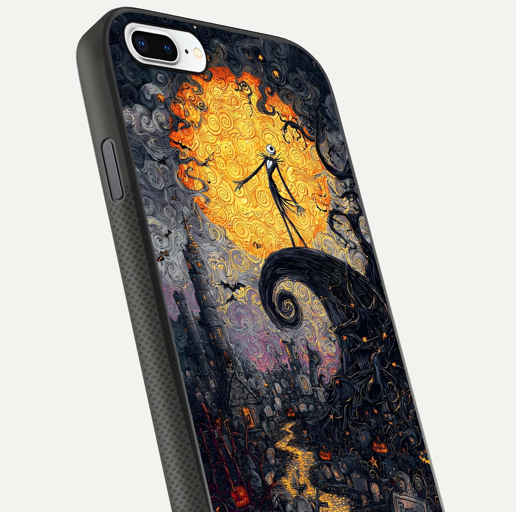 Pumpkin Moon Night Glass Case for iPhone 8 Plus close-up angled shot showing moon reflection and Halloween glow