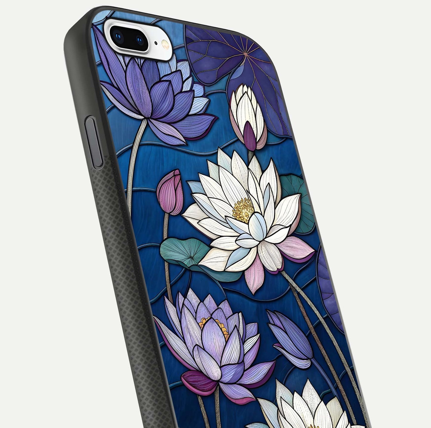 Purple Lotus Stained Glass Case for iPhone 8 Plus close-up angled shot highlighting glass pattern and reflection