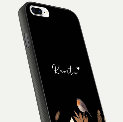 Quiet Garden Tune Custom Name Glass Case for iPhone 8 Plus close-up angled shot showing soft tones and gloss reflection