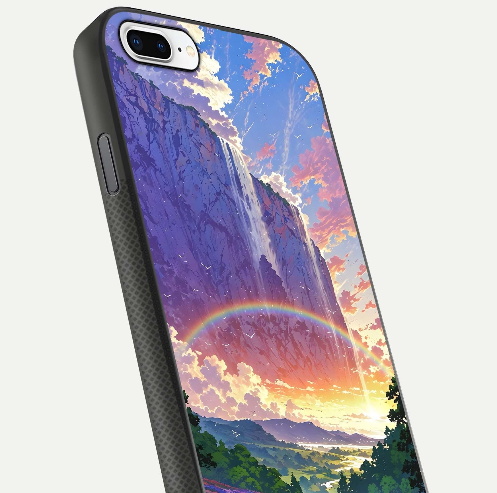 Rainbow Valley Dream Glass Case for iPhone 8 Plus close-up angled shot highlighting gradient tones and HD shine