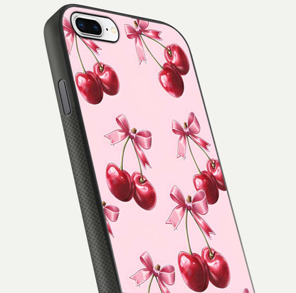 Red Cherries Pattern Glass Case for iPhone 8 Plus close-up angled shot showing cherry details and HD reflection