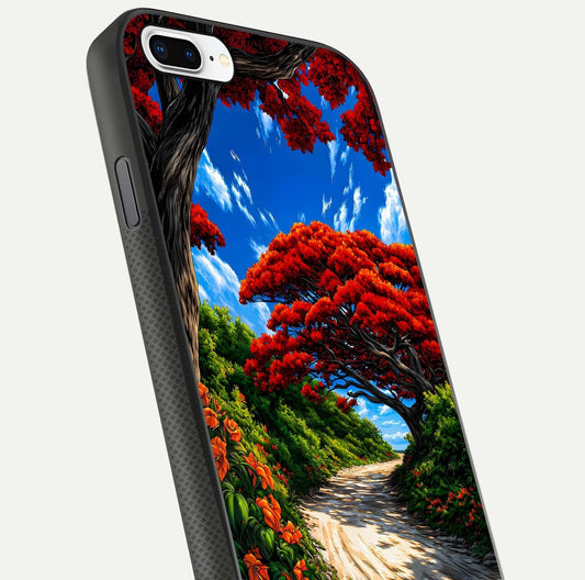 Red Trees Pathway Glass Case for iPhone 8 Plus close-up angled shot highlighting forest detail and reflection