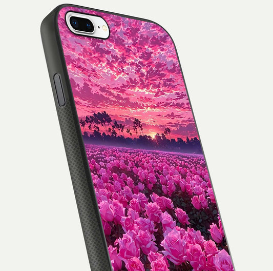 Rose Sunset Valley Glass Case for iPhone 8 Plus close-up angled shot showing rose detailing and golden hues
