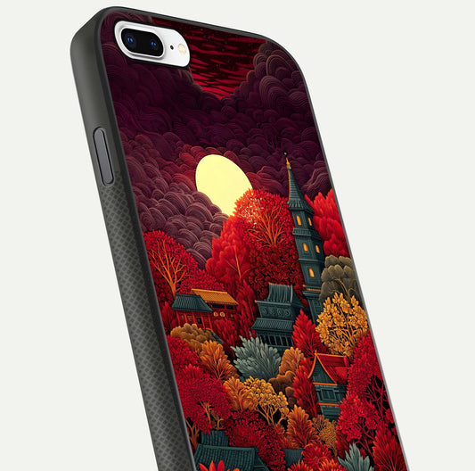 Scarlet Autumn Temple Glass Case for iPhone 8 Plus close-up angled shot highlighting golden leaves and reflection