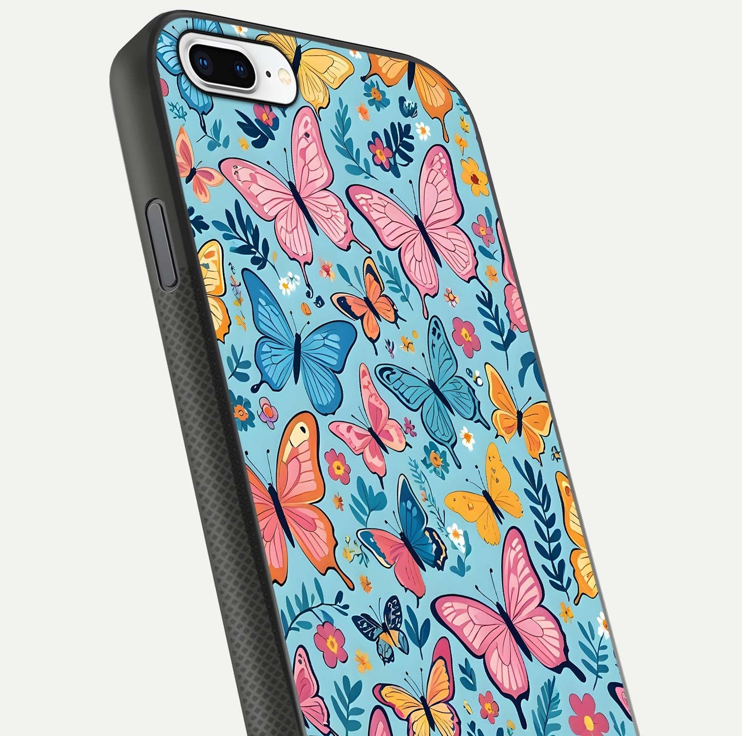 Spring Wing Garden Glass Case for iPhone 8 Plus close-up angled shot highlighting petal details and reflection