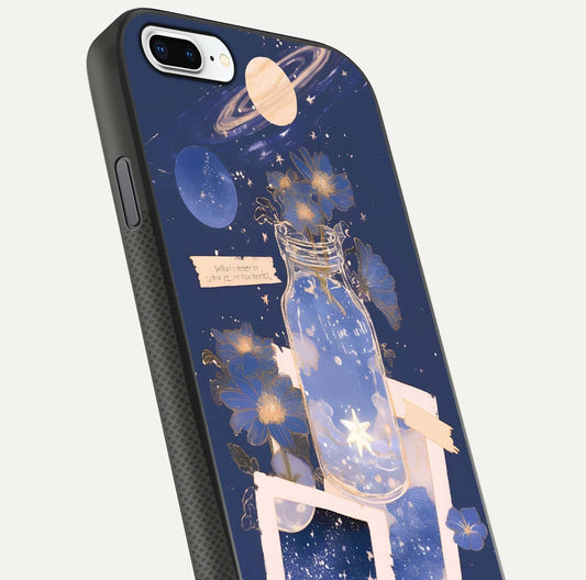 Starlit Cosmic Jar Glass Case for iPhone 8 Plus close-up angled shot highlighting stars, reflections, and HD shine