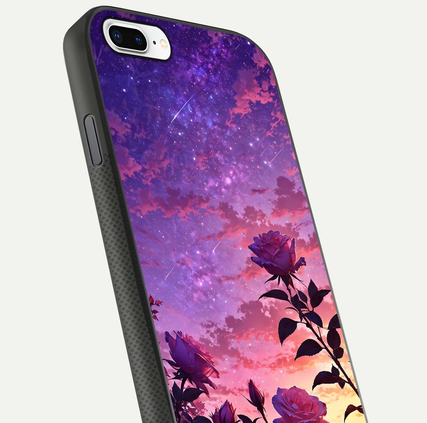 Starlit Rose Twilight Glass Case for iPhone 8 Plus close-up angled shot highlighting rose detail and reflection