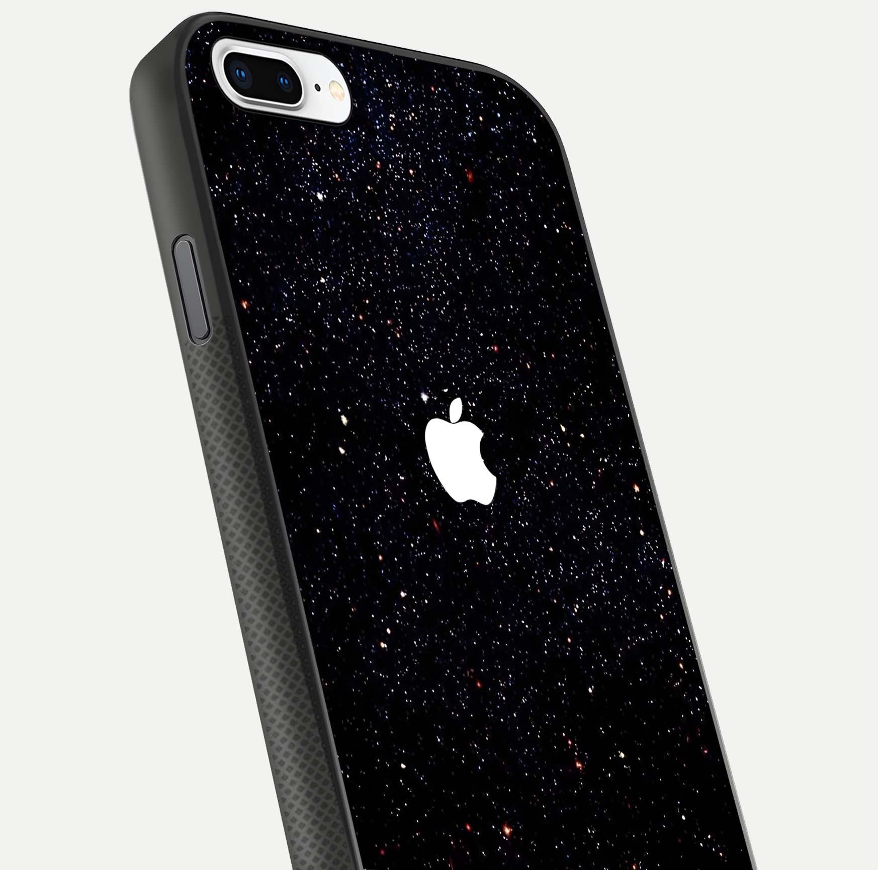 Starry Apple Galaxy Glass Case for iPhone 8 Plus close-up angled shot highlighting star details and gloss
