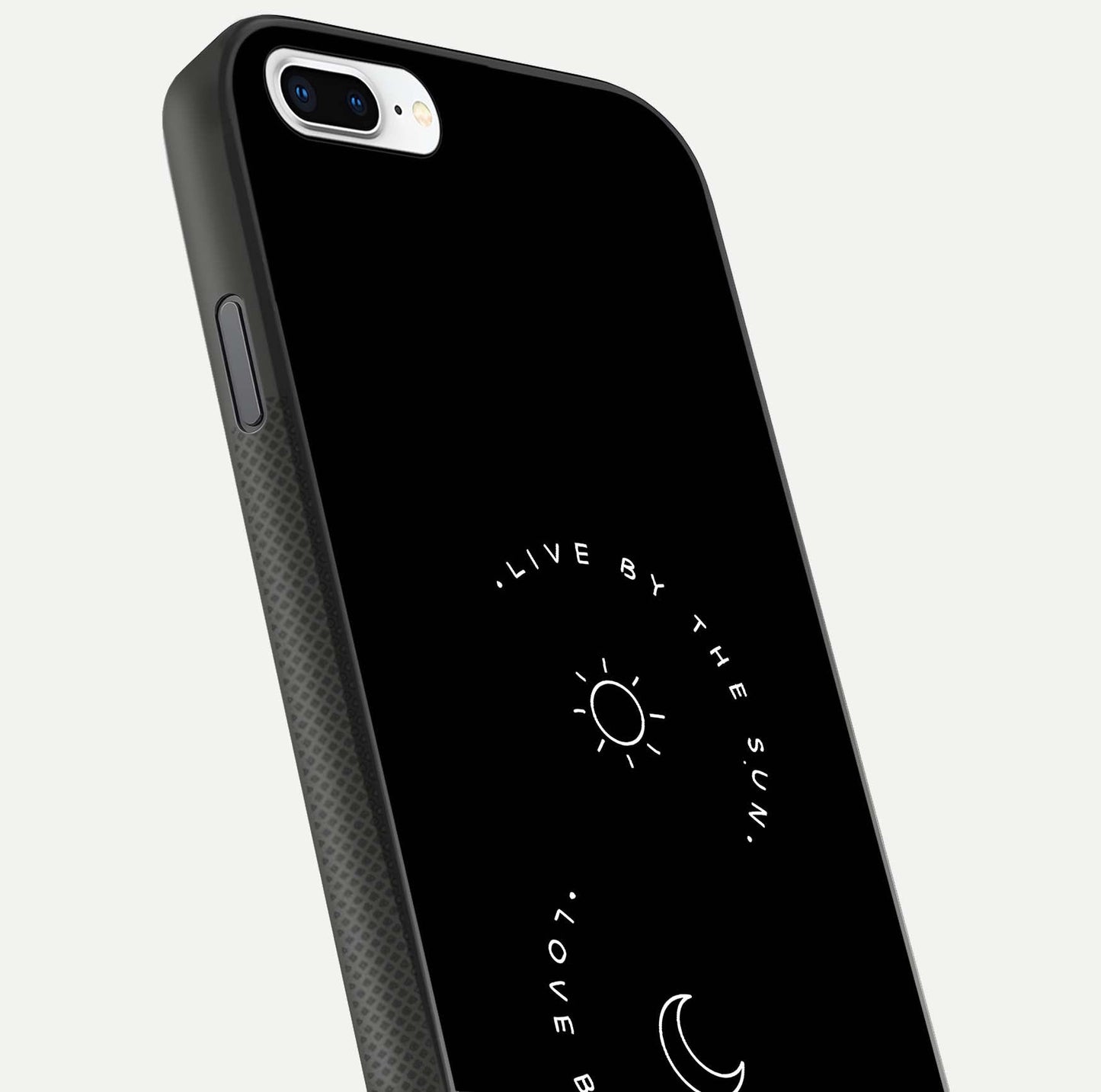 Sun Moon Balance Glass Case for iPhone 8 Plus close-up angled shot highlighting cosmic art and HD reflection
