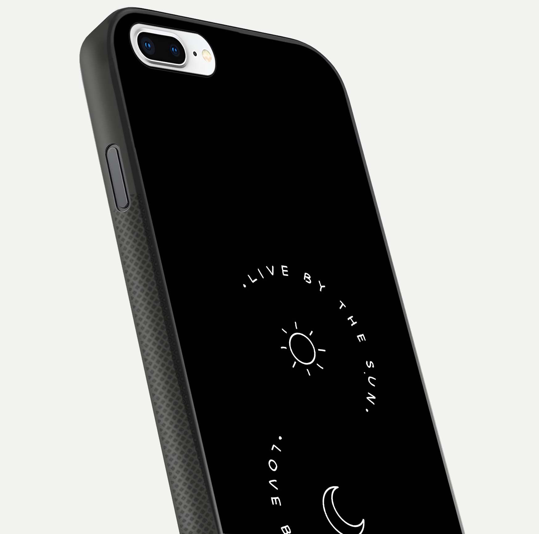 Sun Moon Balance Glass Case for iPhone 8 Plus close-up angled shot highlighting cosmic art and HD reflection