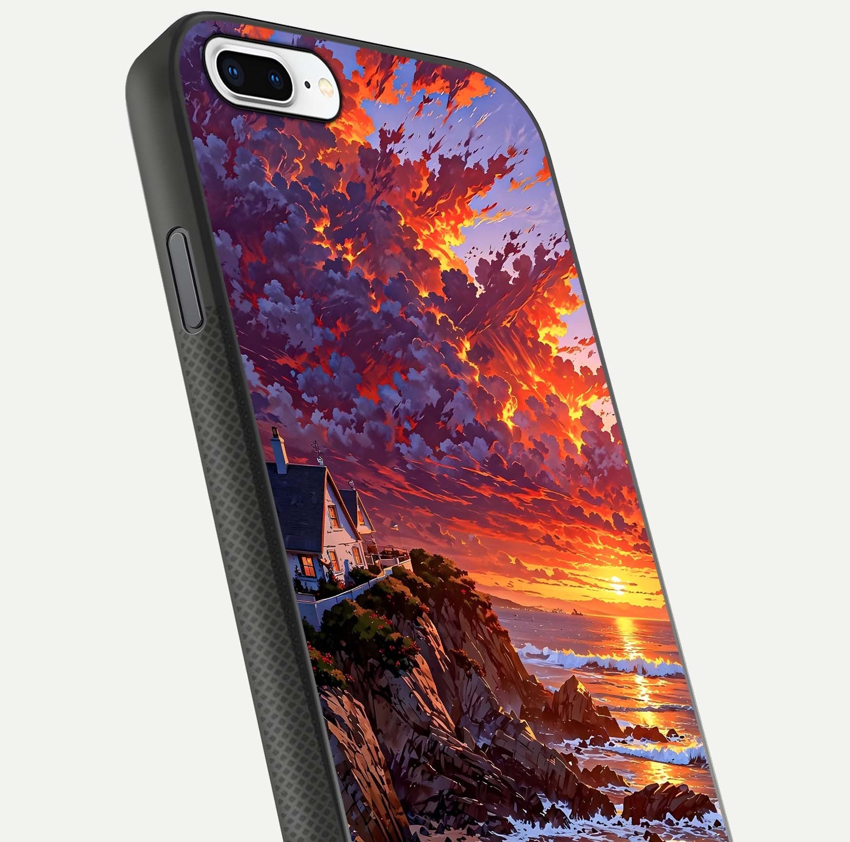 Sunset House by Sea Glass Case for iPhone 8 Plus close-up angled shot highlighting sunset tones and water glow