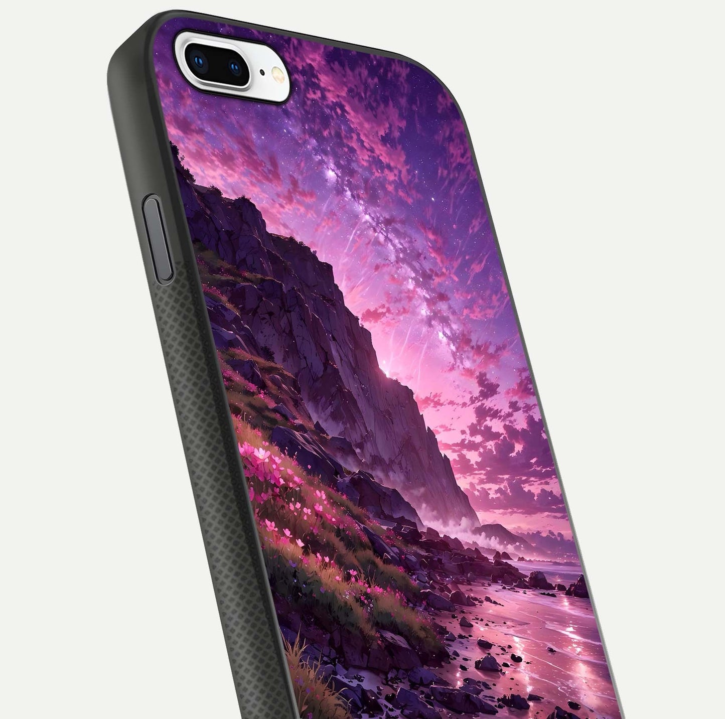 Twilight Blossom Coast Glass Case for iPhone 16 Pro close-up angled shot highlighting gradient sky and reflection