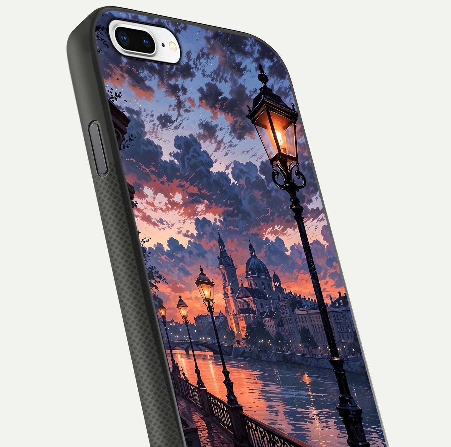 Twilight River Lights Glass Case for iPhone 8 Plus close-up angled shot highlighting river reflections and color tones