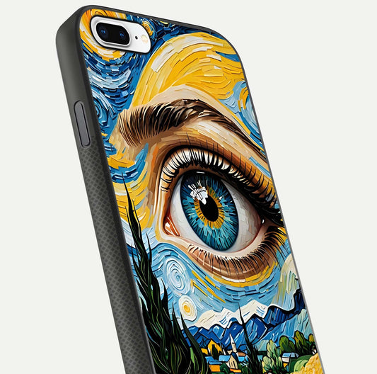 Van Gogh Eye Glass Case for iPhone 8 Plus close-up angled shot highlighting color blend and gloss reflection