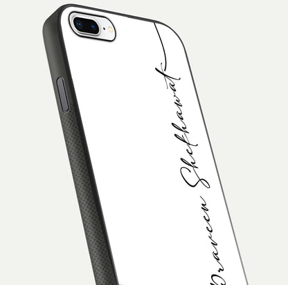 White Tune Custom Name Glass Case for iPhone 8 Plus close-up angled shot highlighting gloss reflection and texture