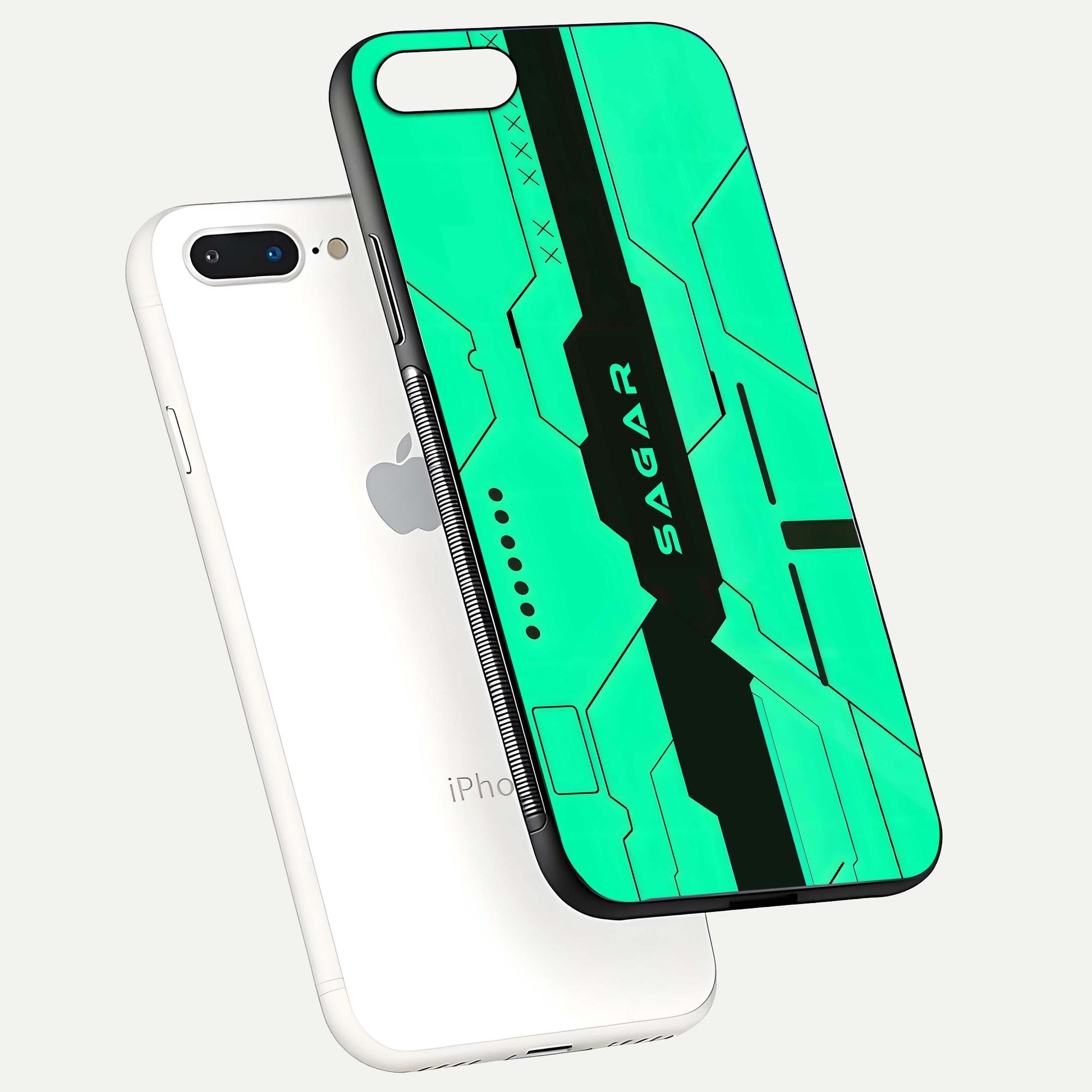 Aqua Tech CYBERPUNK Custom Name Glass Case for iPhone 16 Pro floating mockup highlighting name customization area