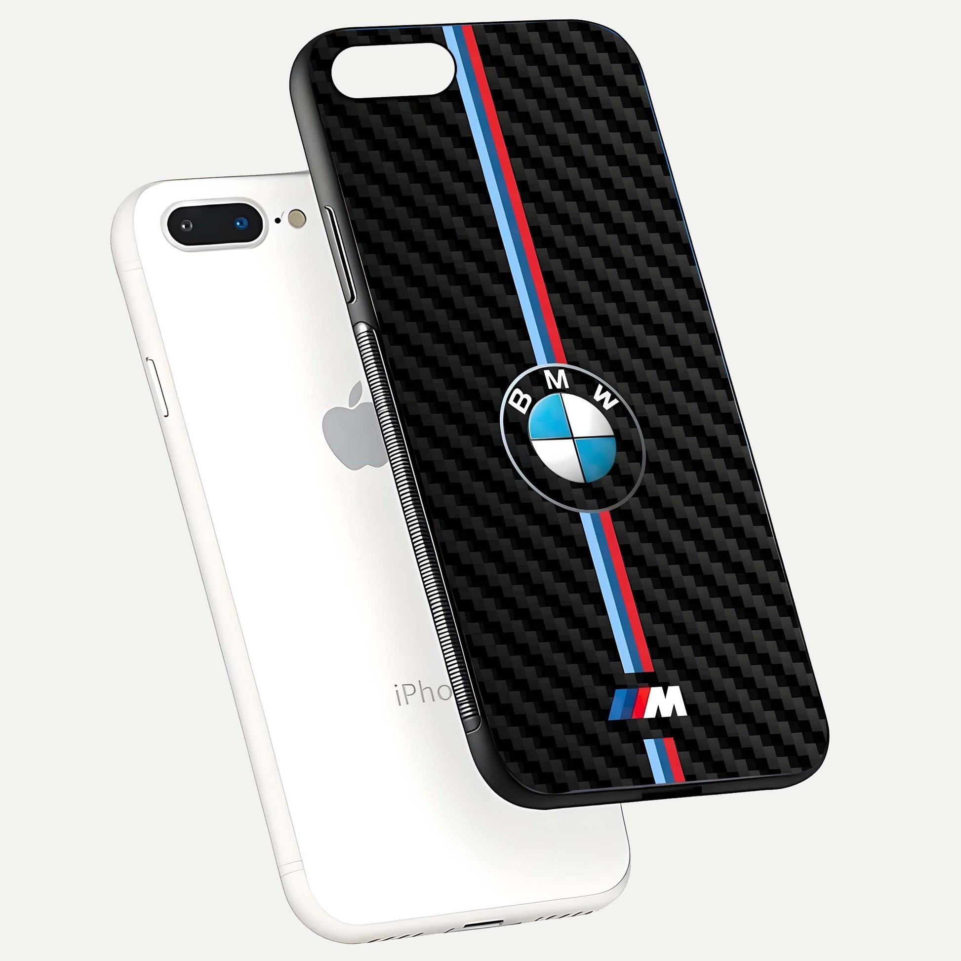 BMW Pattern Glass Case for iPhone 8 Plus floating mockup highlighting clean lines and metallic accent reflection