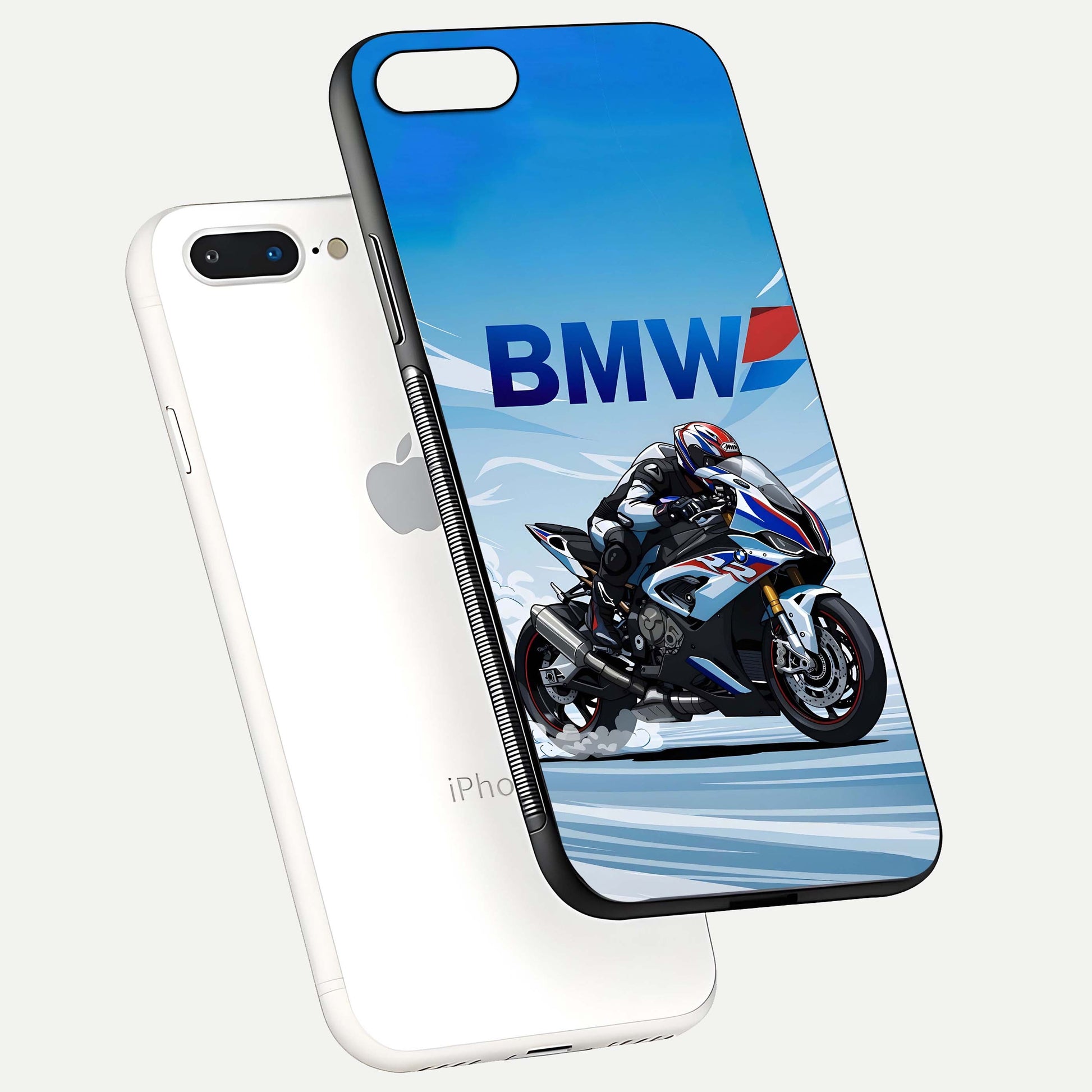 BMW Power Drift Glass Case for iPhone 8 Plus floating mockup displaying bold drift artwork and glossy polish