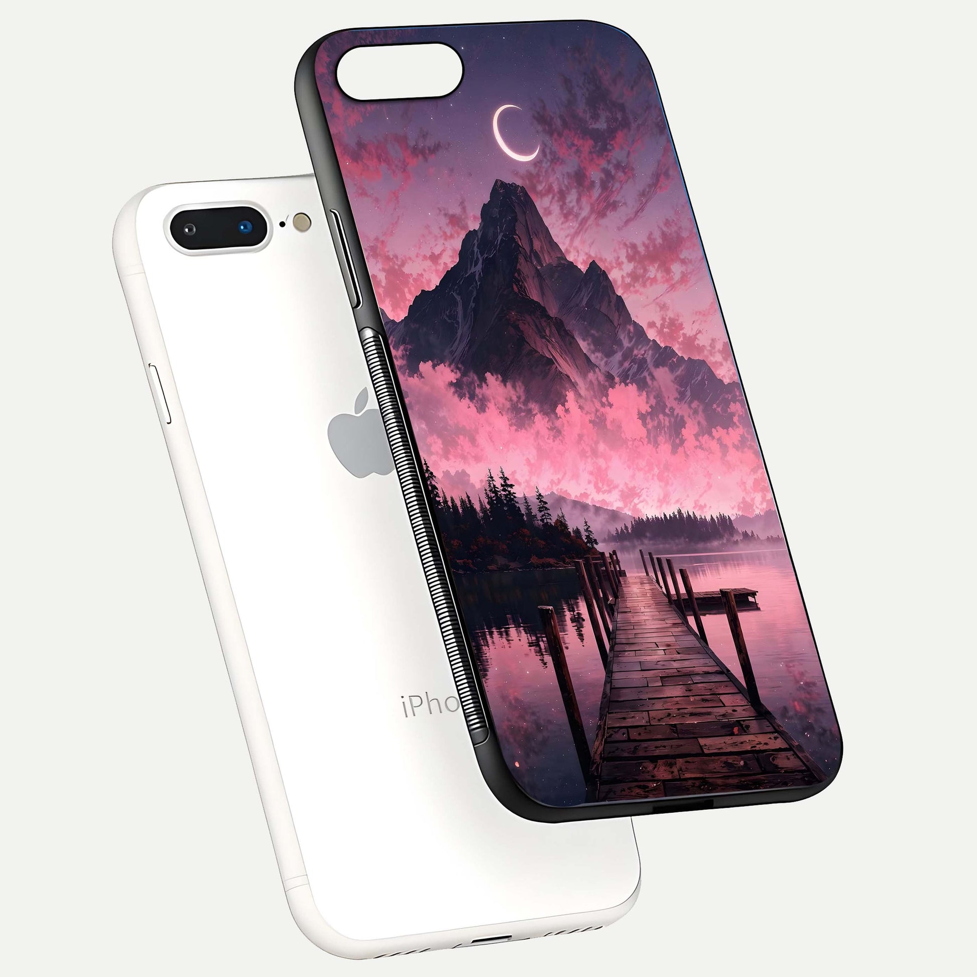 Beautyful Mountain View Glass Case for iPhone 16 Pro floating dual mockup showing edges and reflective sky print