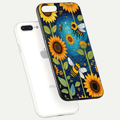 Bees & Sunflowers Glass Case for iPhone 16 Pro floating dual-view mockup displaying vibrant yellow tones and gloss texture