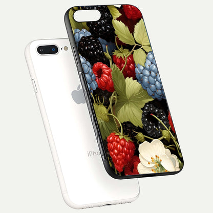 Berry Bloom Charm Glass Case for iPhone 8 Plus floating mockup capturing glossy reflection and curved-edge finish