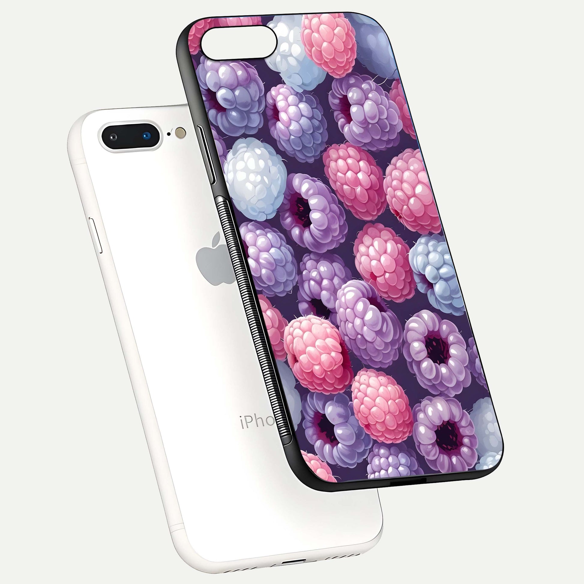 Berry Candy Pop Glass Case for iPhone 16 Pro floating dual-view mockup highlighting gloss shine and curved edges