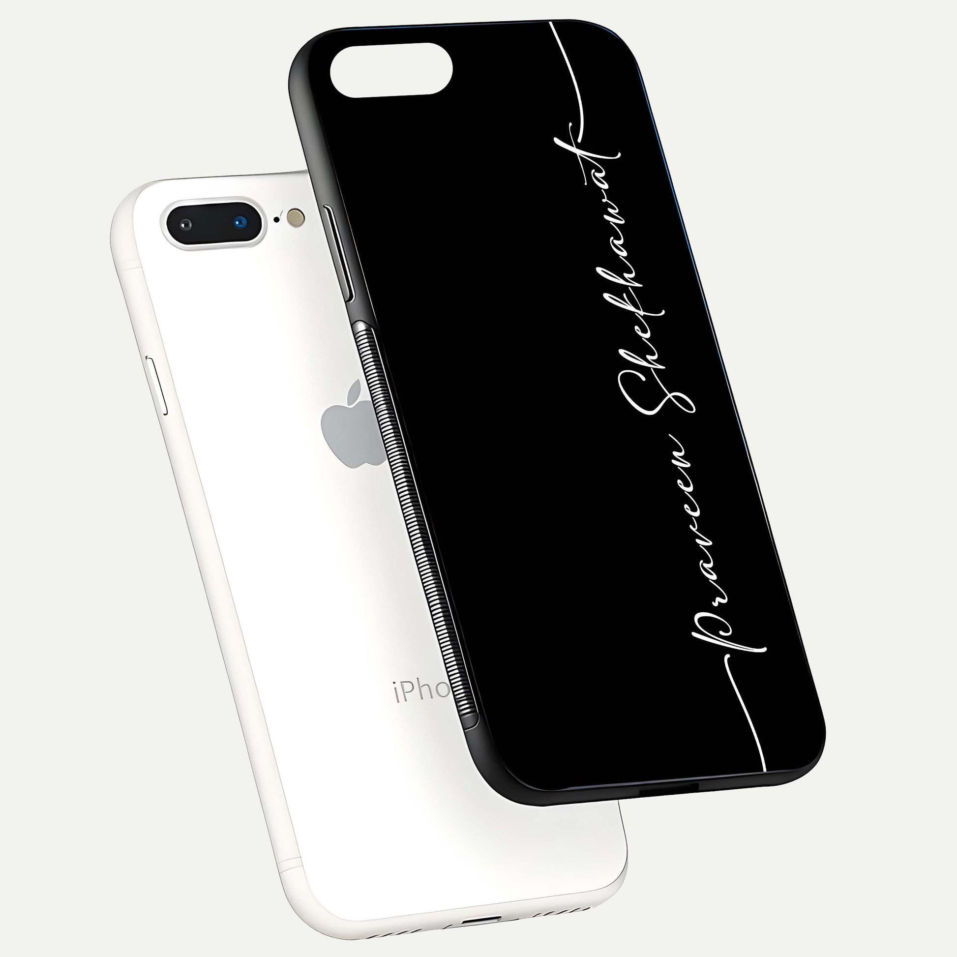 Black Tune Custom Name Glass Case for iPhone 8 Plus floating dual-view mockup emphasizing modern glossy texture