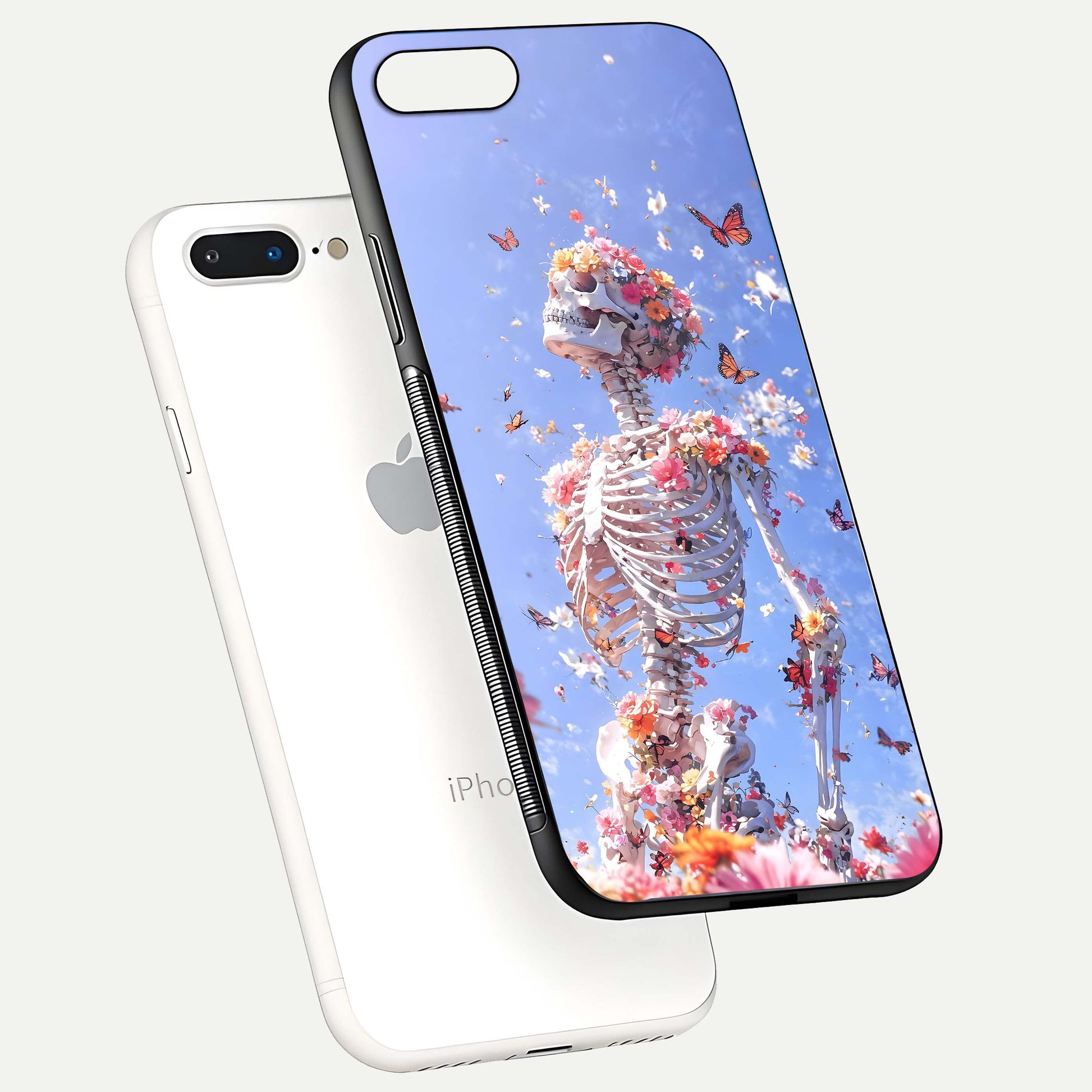 Bloom Beyond Bones Glass Case for iPhone 8 Plus floating mockup displaying shine, texture, and gloss detail