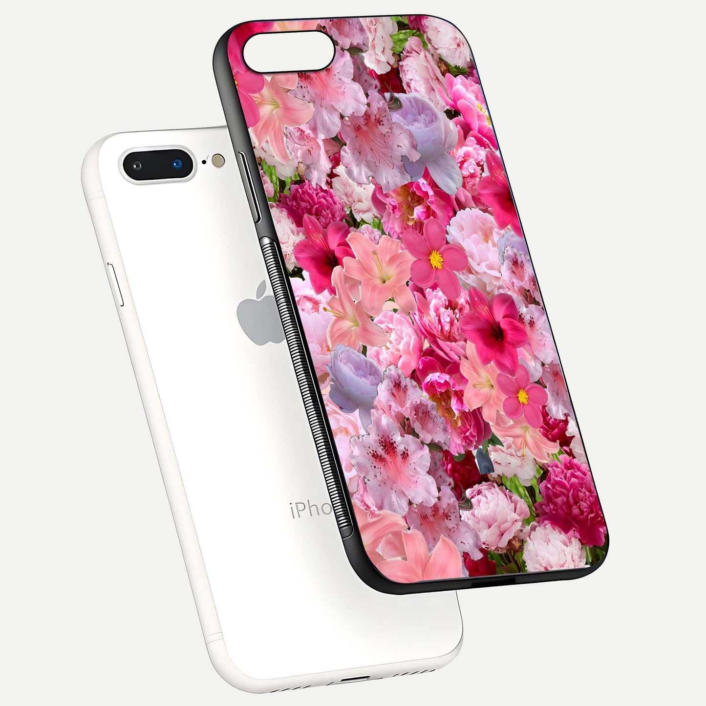 Bloom Crush Fantasy Glass Case for iPhone 8 Plus floating mockup showing floral pattern clarity and HD glass