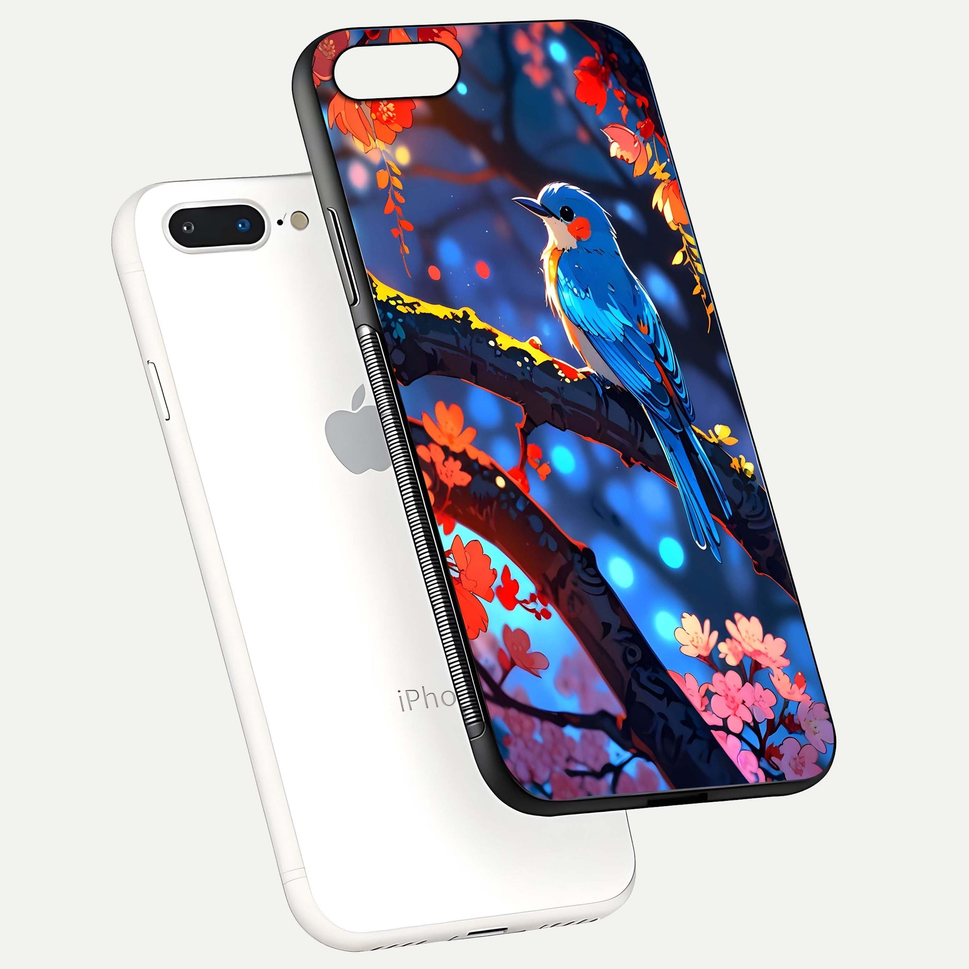 Blooming Spendor Bird Glass Case for iPhone 8 Plus floating dual-mockup capturing gloss tone and curved texture