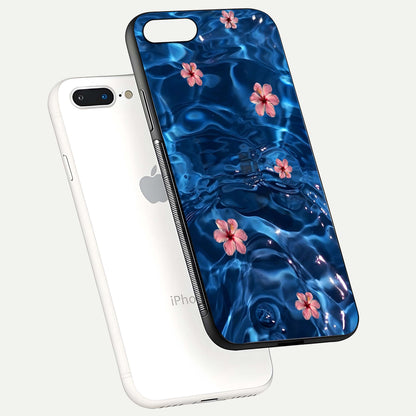 Blooming Water Drift Glass Case for iPhone 8 Plus floating dual-view mockup showing floral drift pattern and reflective surface