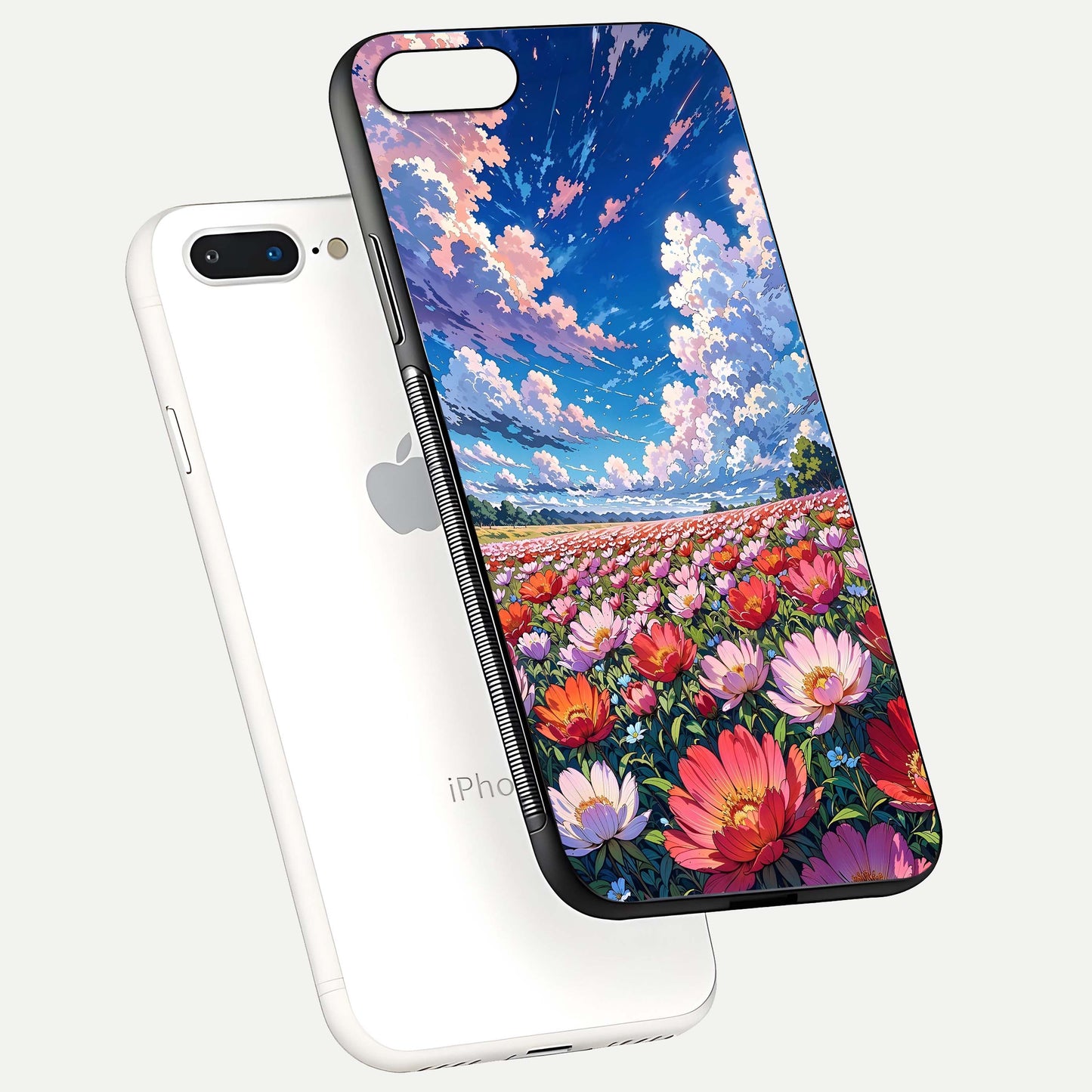 Blossom Sky Field Glass Case for iPhone 8 Plus floating mockup displaying sky bloom concept with smooth finish