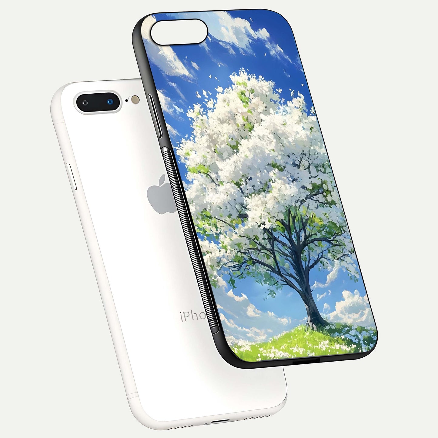 Blossom Sky Serenity Glass Case for iPhone 16 Pro floating mockup capturing gloss surface and tranquil design