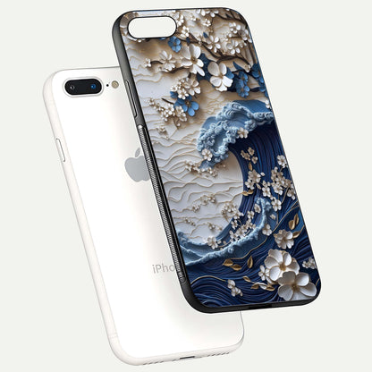 Blossom Wave Art Glass Case for iPhone 8 Plus floating mockup displaying pattern details and reflective shine