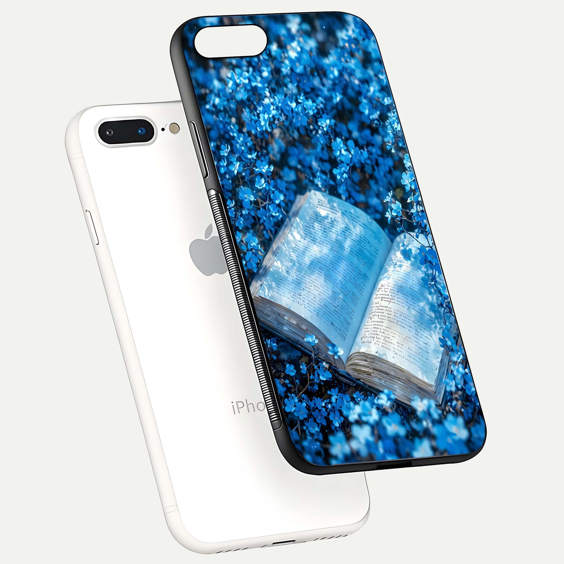 Blue Bloom Tales Glass Case for iPhone 16 Pro floating mockup showing detailed bloom and reflective surface